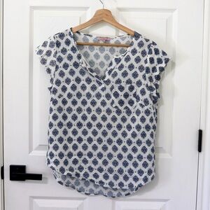 Linen V-Neck Cap Sleeve Top - White & Navy beach, boho, granola, resort